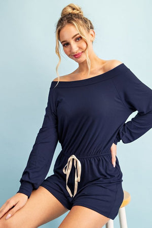 Open image in slideshow, Navy Off the Shoulder Long Sleeve Romper
