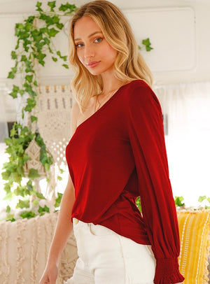 Red Wine One Shoulder Relaxed Fit Long Sleeve Top