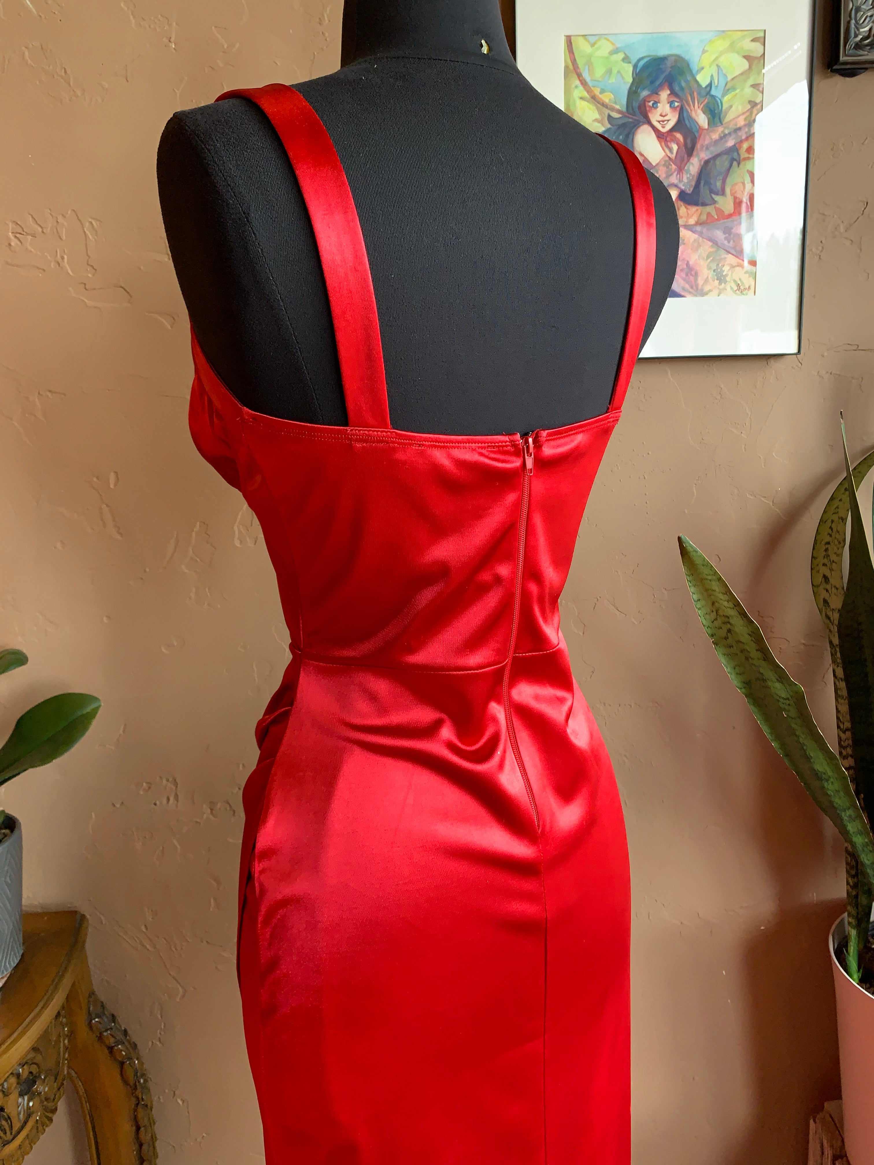Red Satin Bustier Design Sleeveless Long Evening Dress