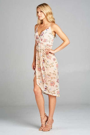Pink Floral Mid Length Cocktail Dress